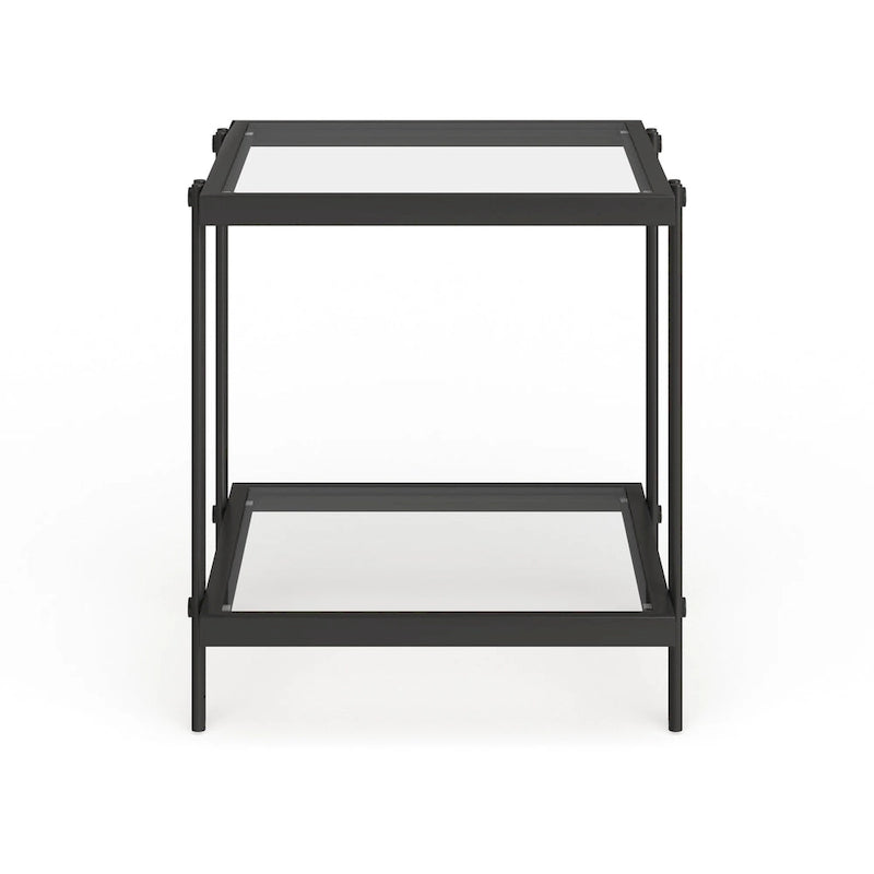Table d'appoint géométrique en acier et verre avec étagère inférieure, laiton / bronze noirci / noyer laiton