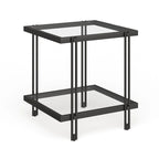 Table d'appoint géométrique en acier et verre avec étagère inférieure, laiton / bronze noirci / noyer laiton