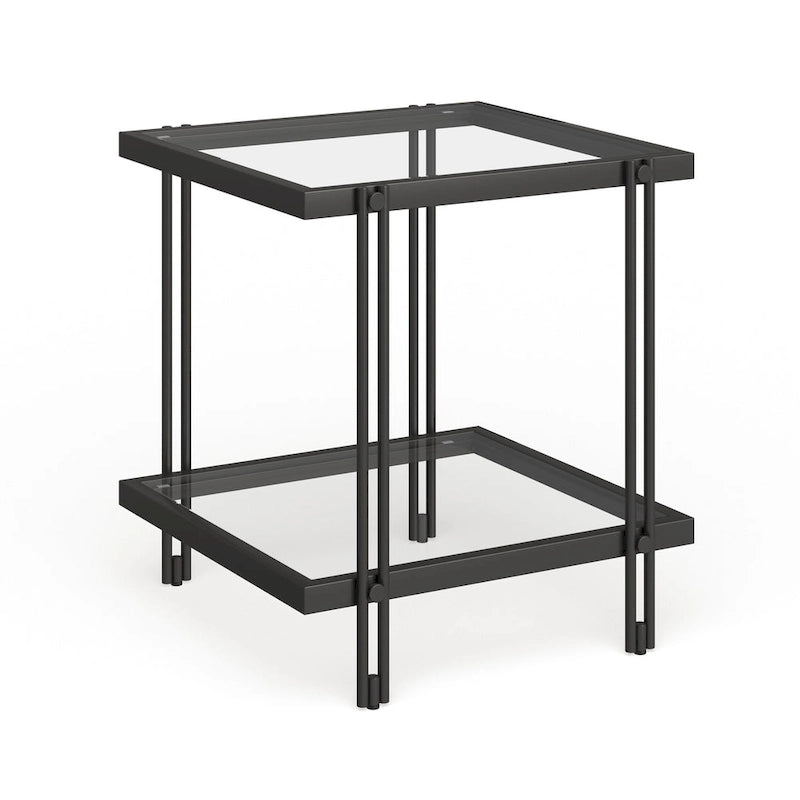 Table d'appoint géométrique en acier et verre avec étagère inférieure, laiton / bronze noirci / noyer laiton