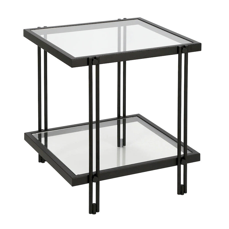 Table d'appoint géométrique en acier et verre avec étagère inférieure, laiton / bronze noirci / noyer laiton