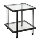 Table d'appoint géométrique en acier et verre avec étagère inférieure, laiton / bronze noirci / noyer laiton