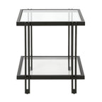 Table d'appoint géométrique en acier et verre avec étagère inférieure, laiton / bronze noirci / noyer laiton