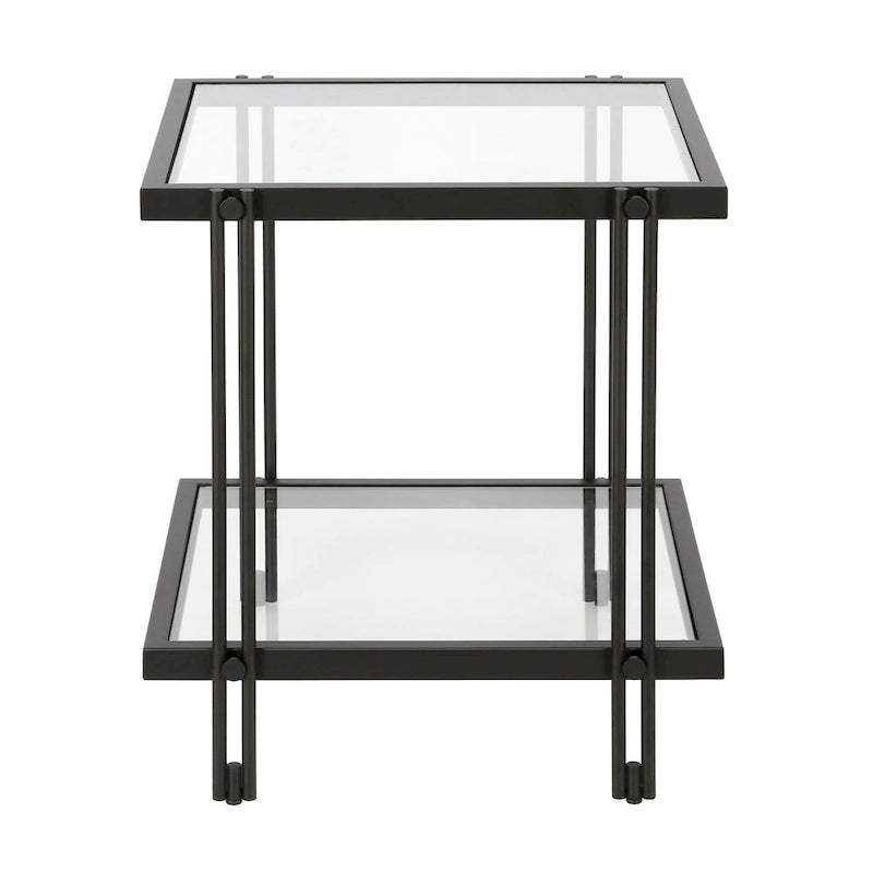 Table d'appoint géométrique en acier et verre avec étagère inférieure, laiton / bronze noirci / noyer laiton