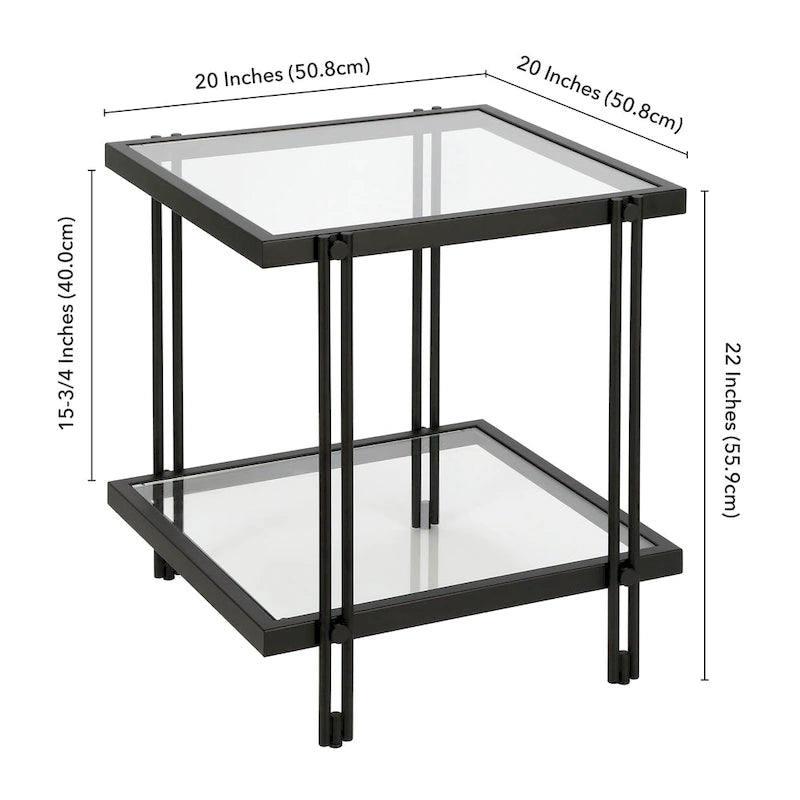 Table d'appoint géométrique en acier et verre avec étagère inférieure, laiton / bronze noirci / noyer laiton
