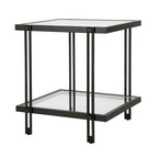 Table d'appoint géométrique en acier et verre avec étagère inférieure, laiton / bronze noirci / noyer laiton
