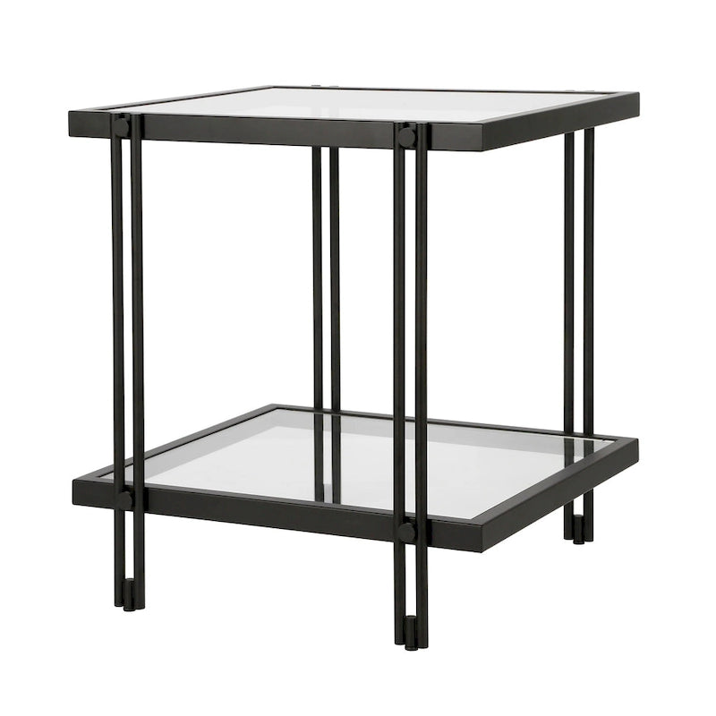 Table d'appoint géométrique en acier et verre avec étagère inférieure, laiton / bronze noirci / noyer laiton
