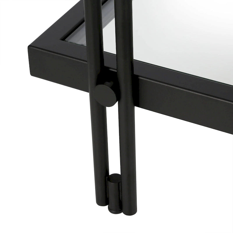 Table d'appoint géométrique en acier et verre avec étagère inférieure, laiton / bronze noirci / noyer laiton