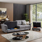 Canapé d'angle 4 places en lin avec table basse escamotable, rangement et appuie-tête réglables, gris clair / beige / gris foncé / marron / anthracite, 4 places