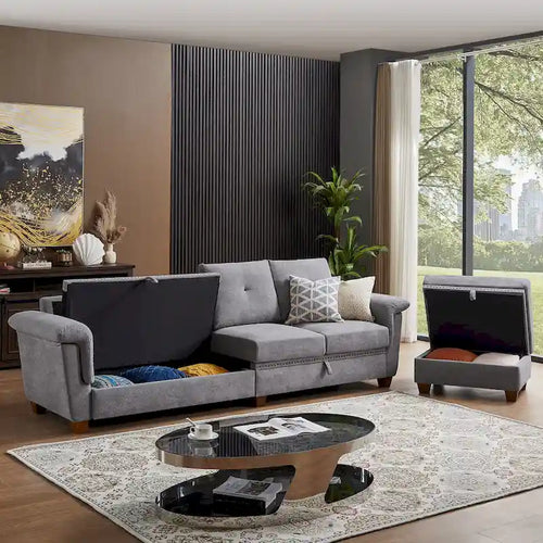 Canapé d'angle 4 places en lin avec table basse escamotable, rangement et appuie-tête réglables, gris clair / beige / gris foncé / marron / anthracite, 4 places