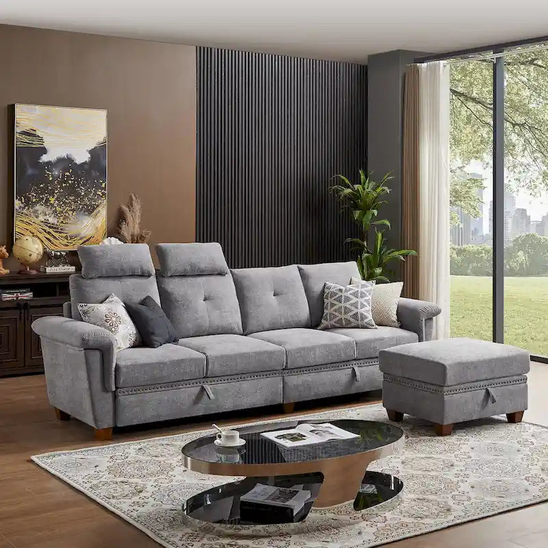 Canapé d'angle 4 places en lin avec table basse escamotable, rangement et appuie-tête réglables, gris clair / beige / gris foncé / marron / anthracite, 4 places