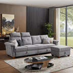 Canapé d'angle 4 places en lin avec table basse escamotable, rangement et appuie-tête réglables, gris clair / beige / gris foncé / marron / anthracite, 4 places