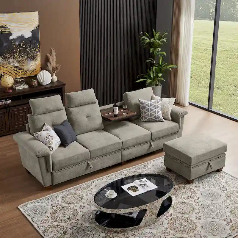 Canapé d'angle 4 places en lin avec table basse escamotable, rangement et appuie-tête réglables, gris clair / beige / gris foncé / marron / anthracite, 4 places