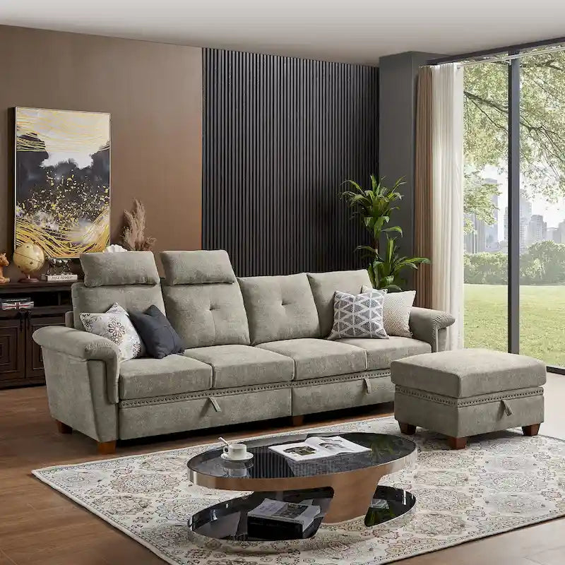 Canapé d'angle 4 places en lin avec table basse escamotable, rangement et appuie-tête réglables, gris clair / beige / gris foncé / marron / anthracite, 4 places