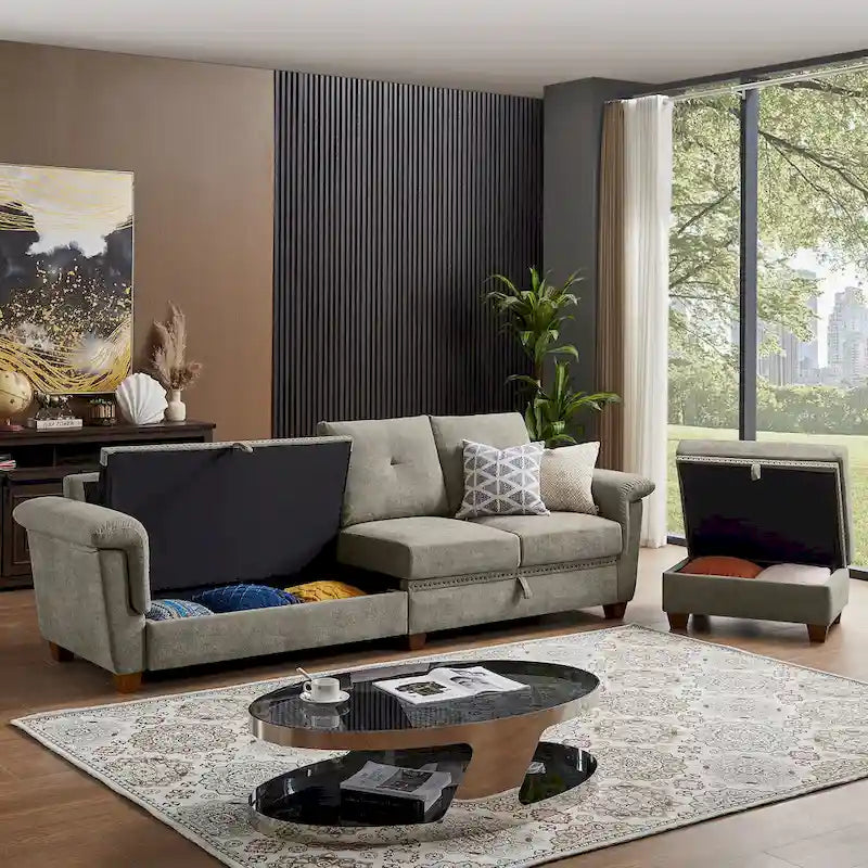 Canapé d'angle 4 places en lin avec table basse escamotable, rangement et appuie-tête réglables, gris clair / beige / gris foncé / marron / anthracite, 4 places