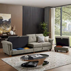 Canapé d'angle 4 places en lin avec table basse escamotable, rangement et appuie-tête réglables, gris clair / beige / gris foncé / marron / anthracite, 4 places