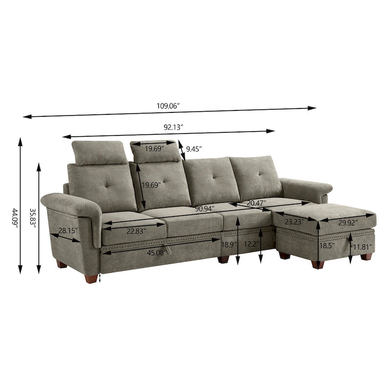 Canapé d'angle 4 places en lin avec table basse escamotable, rangement et appuie-tête réglables, gris clair / beige / gris foncé / marron / anthracite, 4 places