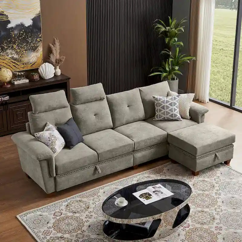 Canapé d'angle 4 places en lin avec table basse escamotable, rangement et appuie-tête réglables, gris clair / beige / gris foncé / marron / anthracite, 4 places