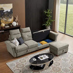 Canapé d'angle 4 places en lin avec table basse escamotable, rangement et appuie-tête réglables, gris clair / beige / gris foncé / marron / anthracite, 4 places