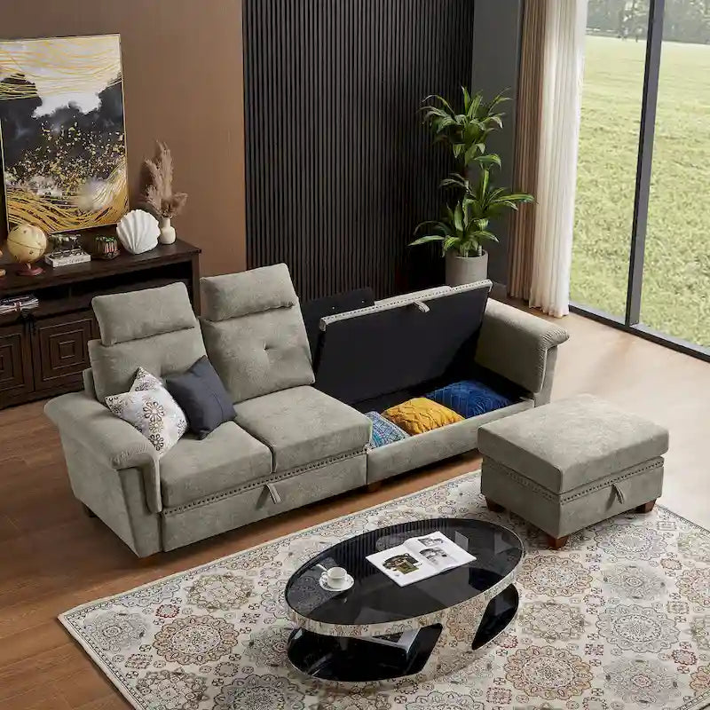 Canapé d'angle 4 places en lin avec table basse escamotable, rangement et appuie-tête réglables, gris clair / beige / gris foncé / marron / anthracite, 4 places