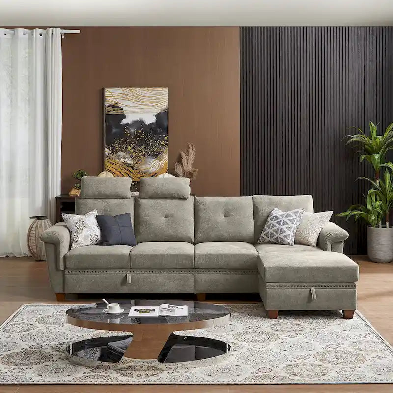Canapé d'angle 4 places en lin avec table basse escamotable, rangement et appuie-tête réglables, gris clair / beige / gris foncé / marron / anthracite, 4 places