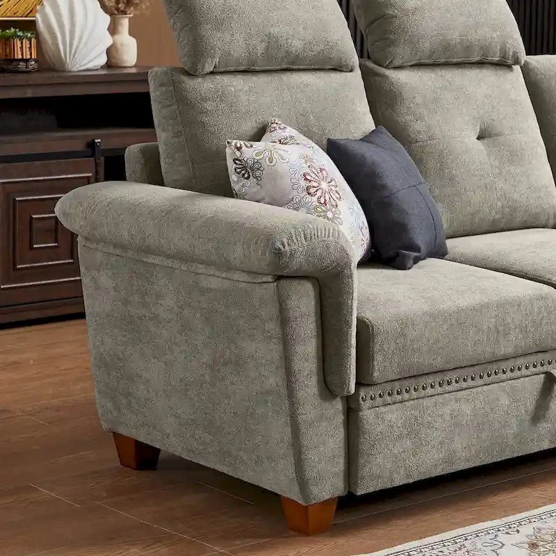 Canapé d'angle 4 places en lin avec table basse escamotable, rangement et appuie-tête réglables, gris clair / beige / gris foncé / marron / anthracite, 4 places