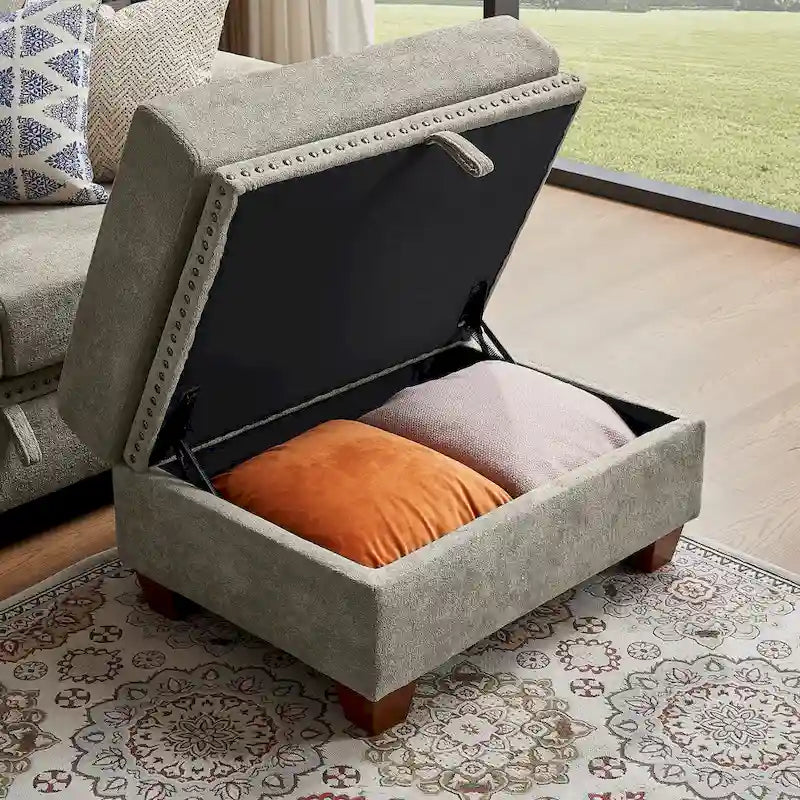 Canapé d'angle 4 places en lin avec table basse escamotable, rangement et appuie-tête réglables, gris clair / beige / gris foncé / marron / anthracite, 4 places