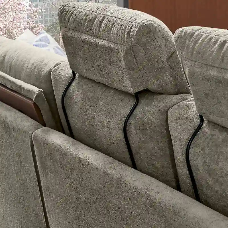 Canapé d'angle 4 places en lin avec table basse escamotable, rangement et appuie-tête réglables, gris clair / beige / gris foncé / marron / anthracite, 4 places