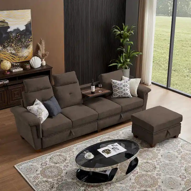 Canapé d'angle 4 places en lin avec table basse escamotable, rangement et appuie-tête réglables, gris clair / beige / gris foncé / marron / anthracite, 4 places