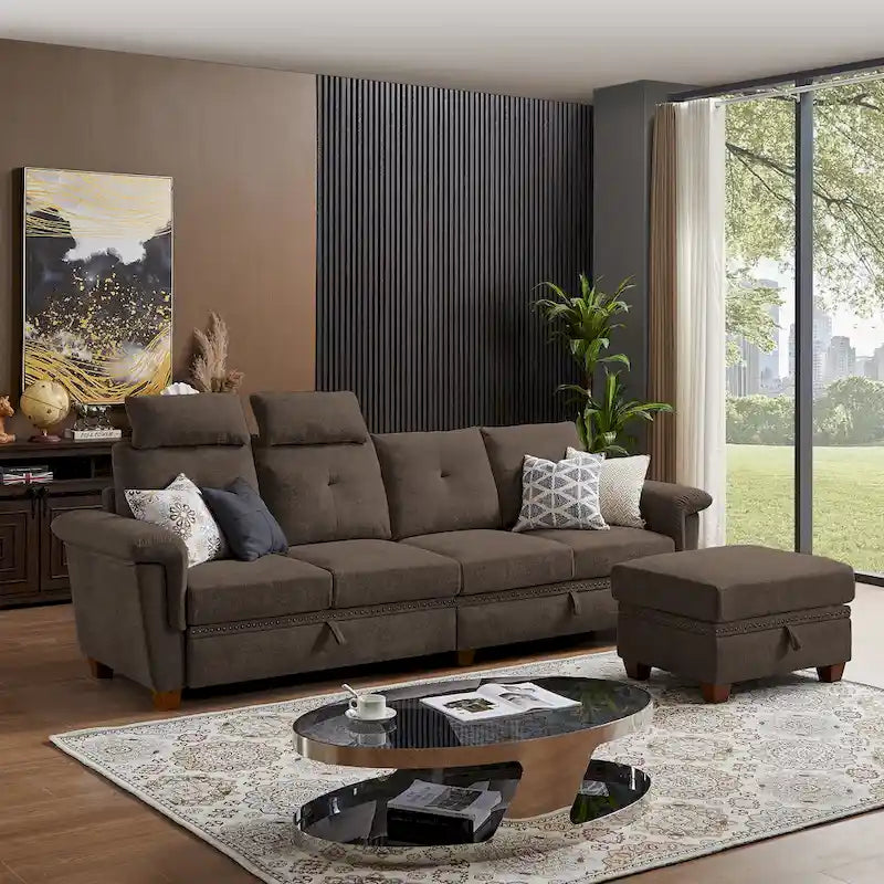 Canapé d'angle 4 places en lin avec table basse escamotable, rangement et appuie-tête réglables, gris clair / beige / gris foncé / marron / anthracite, 4 places