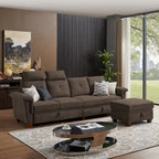 Canapé d'angle 4 places en lin avec table basse escamotable, rangement et appuie-tête réglables, gris clair / beige / gris foncé / marron / anthracite, 4 places
