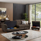 Canapé d'angle 4 places en lin avec table basse escamotable, rangement et appuie-tête réglables, gris clair / beige / gris foncé / marron / anthracite, 4 places