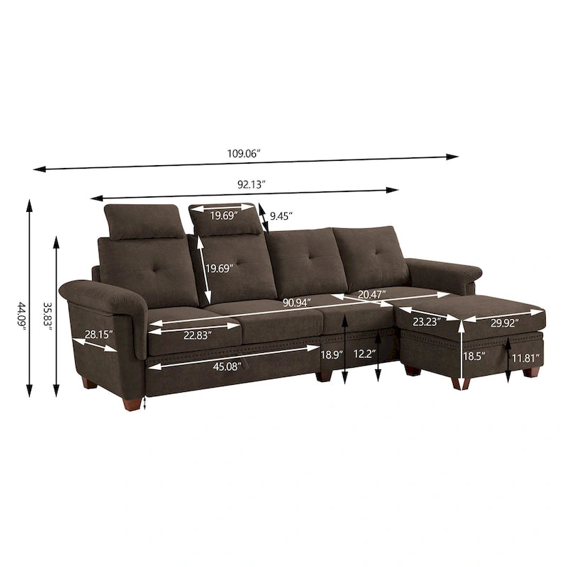 Canapé d'angle 4 places en lin avec table basse escamotable, rangement et appuie-tête réglables, gris clair / beige / gris foncé / marron / anthracite, 4 places