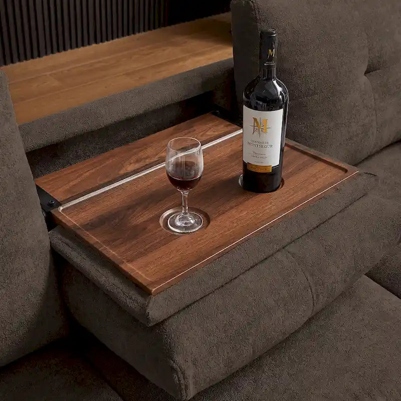 Canapé d'angle 4 places en lin avec table basse escamotable, rangement et appuie-tête réglables, gris clair / beige / gris foncé / marron / anthracite, 4 places