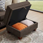 Canapé d'angle 4 places en lin avec table basse escamotable, rangement et appuie-tête réglables, gris clair / beige / gris foncé / marron / anthracite, 4 places
