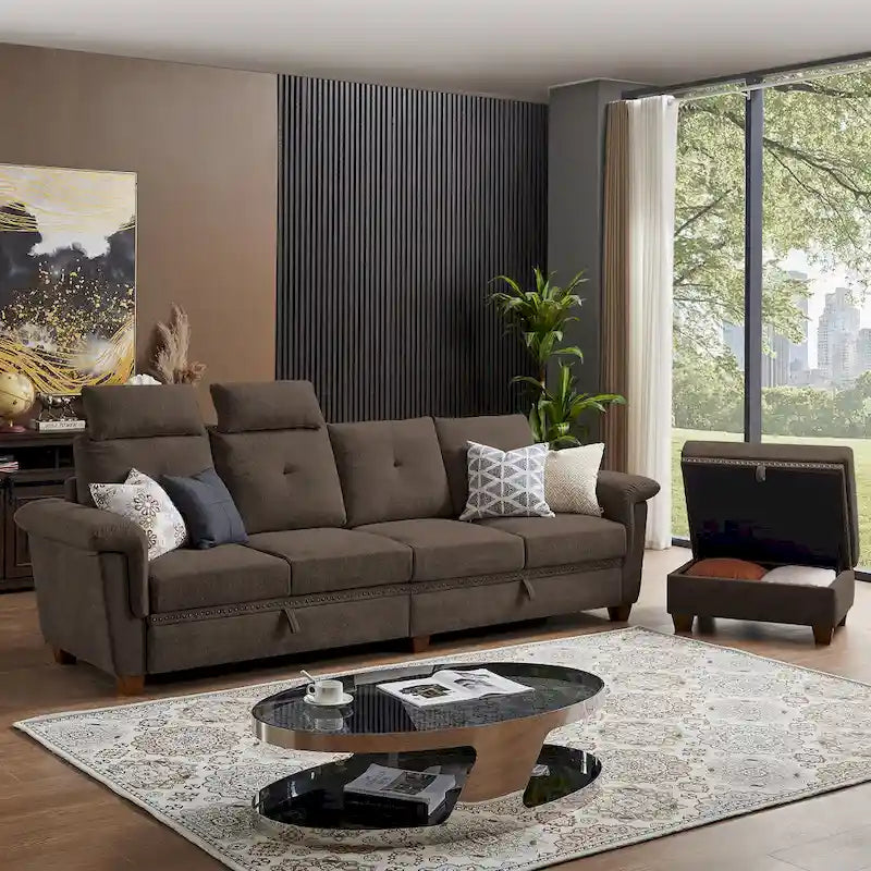 Canapé d'angle 4 places en lin avec table basse escamotable, rangement et appuie-tête réglables, gris clair / beige / gris foncé / marron / anthracite, 4 places