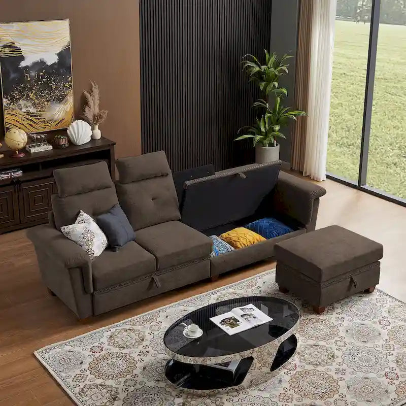 Canapé d'angle 4 places en lin avec table basse escamotable, rangement et appuie-tête réglables, gris clair / beige / gris foncé / marron / anthracite, 4 places