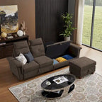 Canapé d'angle 4 places en lin avec table basse escamotable, rangement et appuie-tête réglables, gris clair / beige / gris foncé / marron / anthracite, 4 places