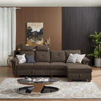 Canapé d'angle 4 places en lin avec table basse escamotable, rangement et appuie-tête réglables, gris clair / beige / gris foncé / marron / anthracite, 4 places