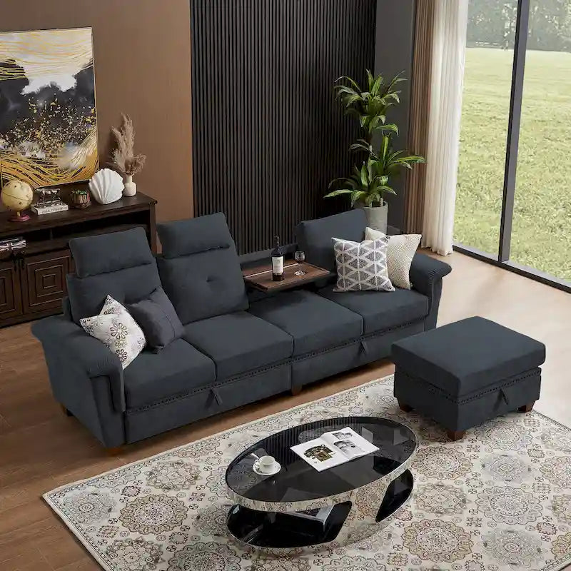 Canapé d'angle 4 places en lin avec table basse escamotable, rangement et appuie-tête réglables, gris clair / beige / gris foncé / marron / anthracite, 4 places