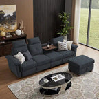 Canapé d'angle 4 places en lin avec table basse escamotable, rangement et appuie-tête réglables, gris clair / beige / gris foncé / marron / anthracite, 4 places