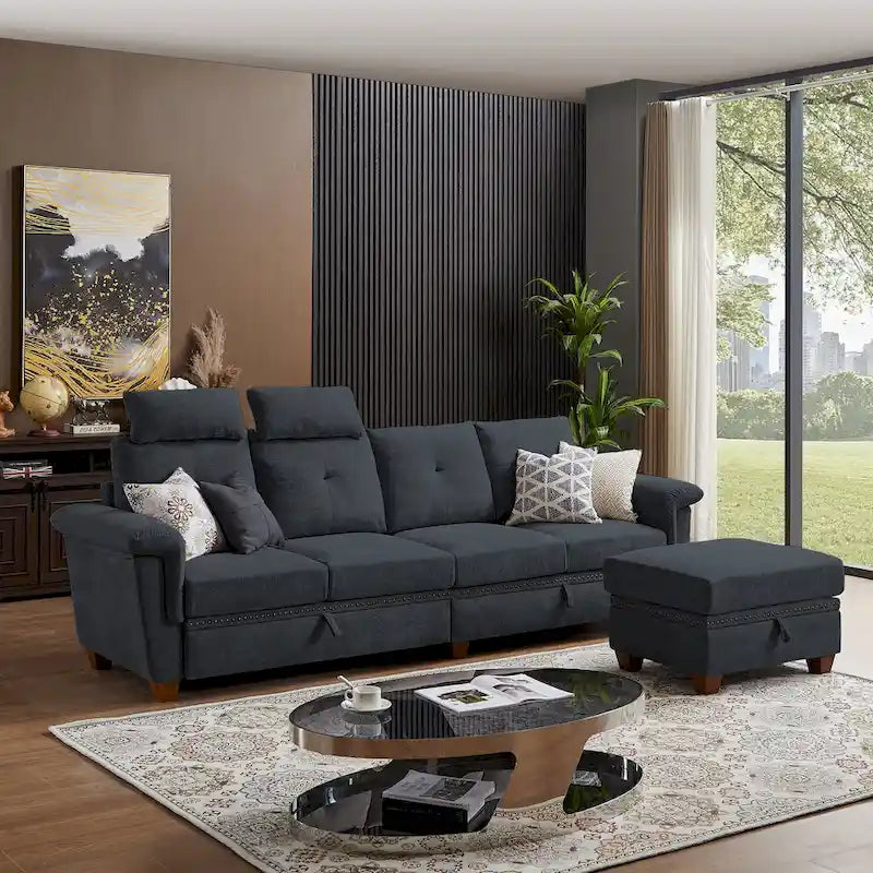 Canapé d'angle 4 places en lin avec table basse escamotable, rangement et appuie-tête réglables, gris clair / beige / gris foncé / marron / anthracite, 4 places
