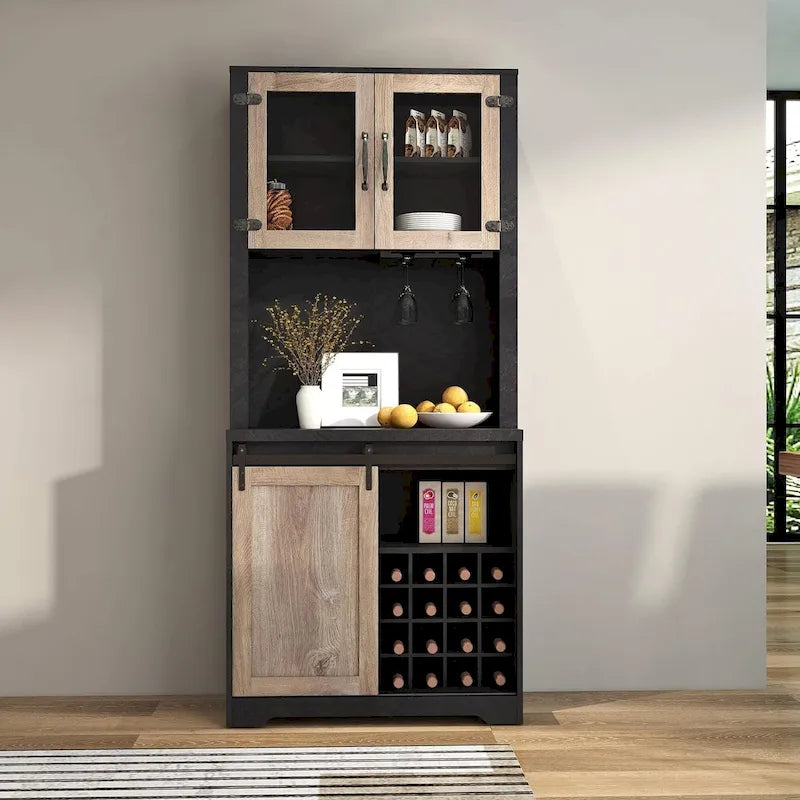 Buffet bahut avec portes coulissantes façon grange, gris foncé et marron, rangement pour vin