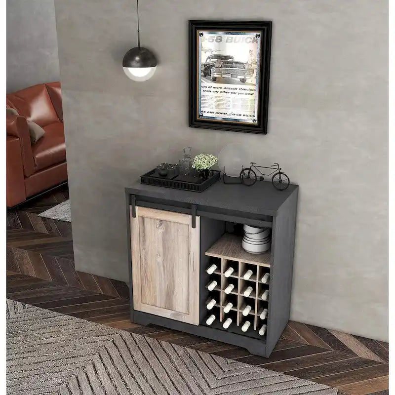 Buffet bahut avec portes coulissantes façon grange, gris foncé et marron, rangement pour vin