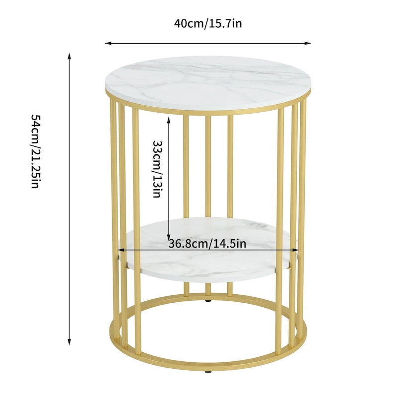 Table d'appoint ronde à 2 niveaux en pierre frittée avec cadre en métal, jadéite froide / noir / or