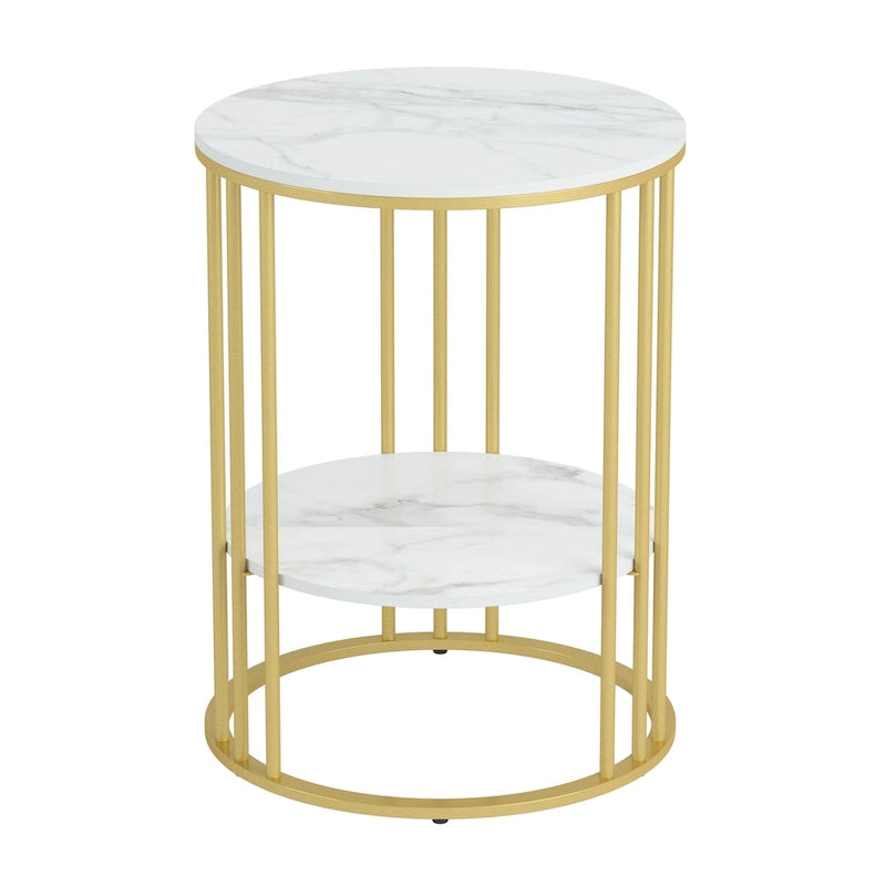 Table d'appoint ronde à 2 niveaux en pierre frittée avec cadre en métal, jadéite froide / noir / or