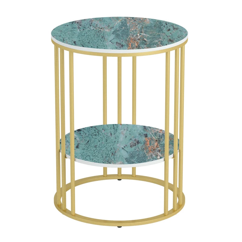 Table d'appoint ronde à 2 niveaux en pierre frittée avec cadre en métal, jadéite froide / noir / or
