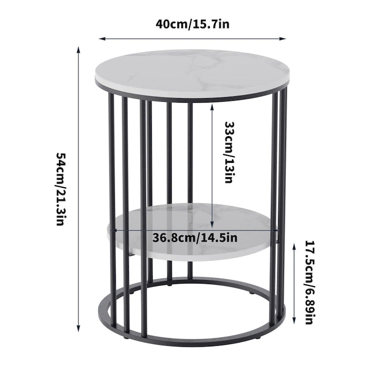 Table d'appoint ronde à 2 niveaux en pierre frittée avec cadre en métal, jadéite froide / noir / or