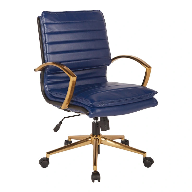 Chaise de bureau mi-hauteur en similicuir avec piètement et accoudoirs dorés, marine / havane / noir / crème
