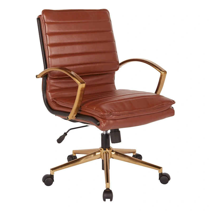 Chaise de bureau mi-hauteur en similicuir avec piètement et accoudoirs dorés, marine / havane / noir / crème