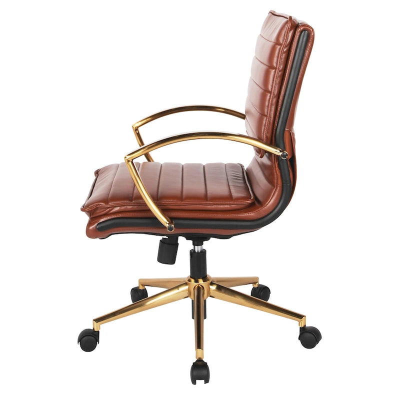 Chaise de bureau mi-hauteur en similicuir avec piètement et accoudoirs dorés, marine / havane / noir / crème
